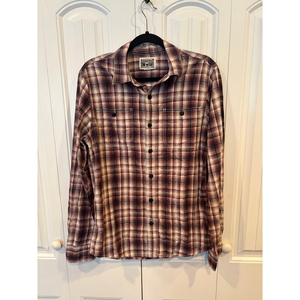 Converse Burgundy And Black Plaid Button Down Shirt Size Small